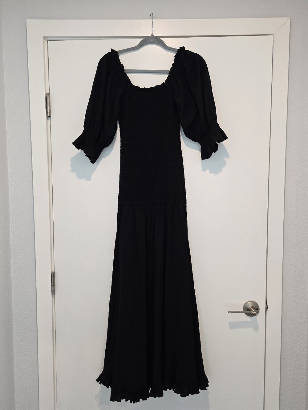 Rhode Resort Black Smocked Puff Sleeve Long Waist Maxi Dress